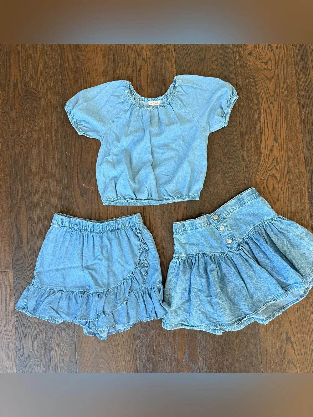 Light Wash Denim Crop Top + Two Ruffle Skirts Set